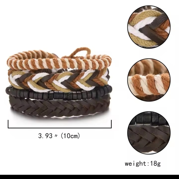 Men's Leather Bracelets Set 4pc Layered Braided Brown New f14 - Picture 2 of 2